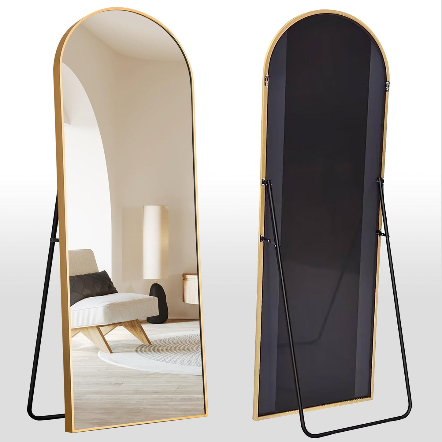 Arched floor mirror with elegant full-length design, placed in a contemporary interior setting-3