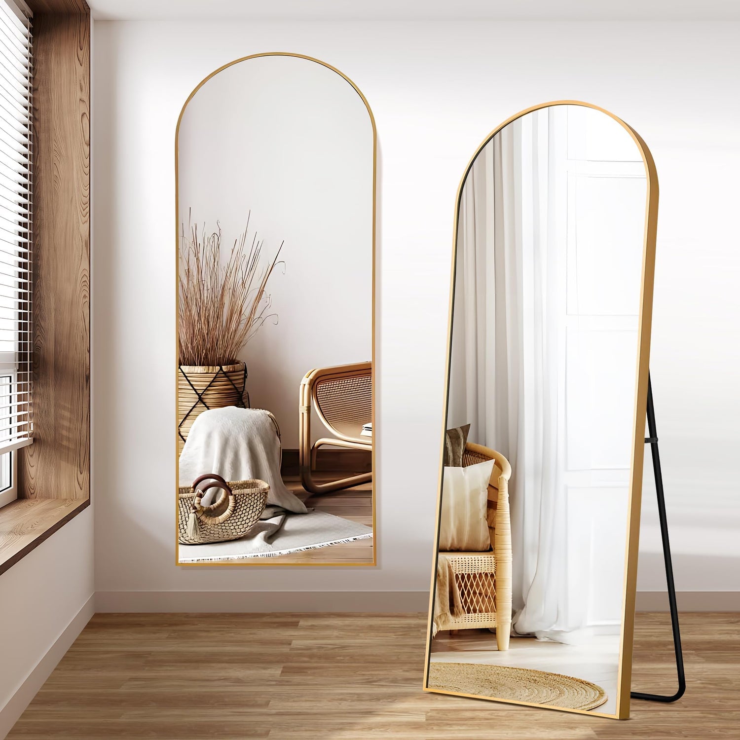 Arched floor mirror with elegant full-length design, placed in a contemporary interior setting