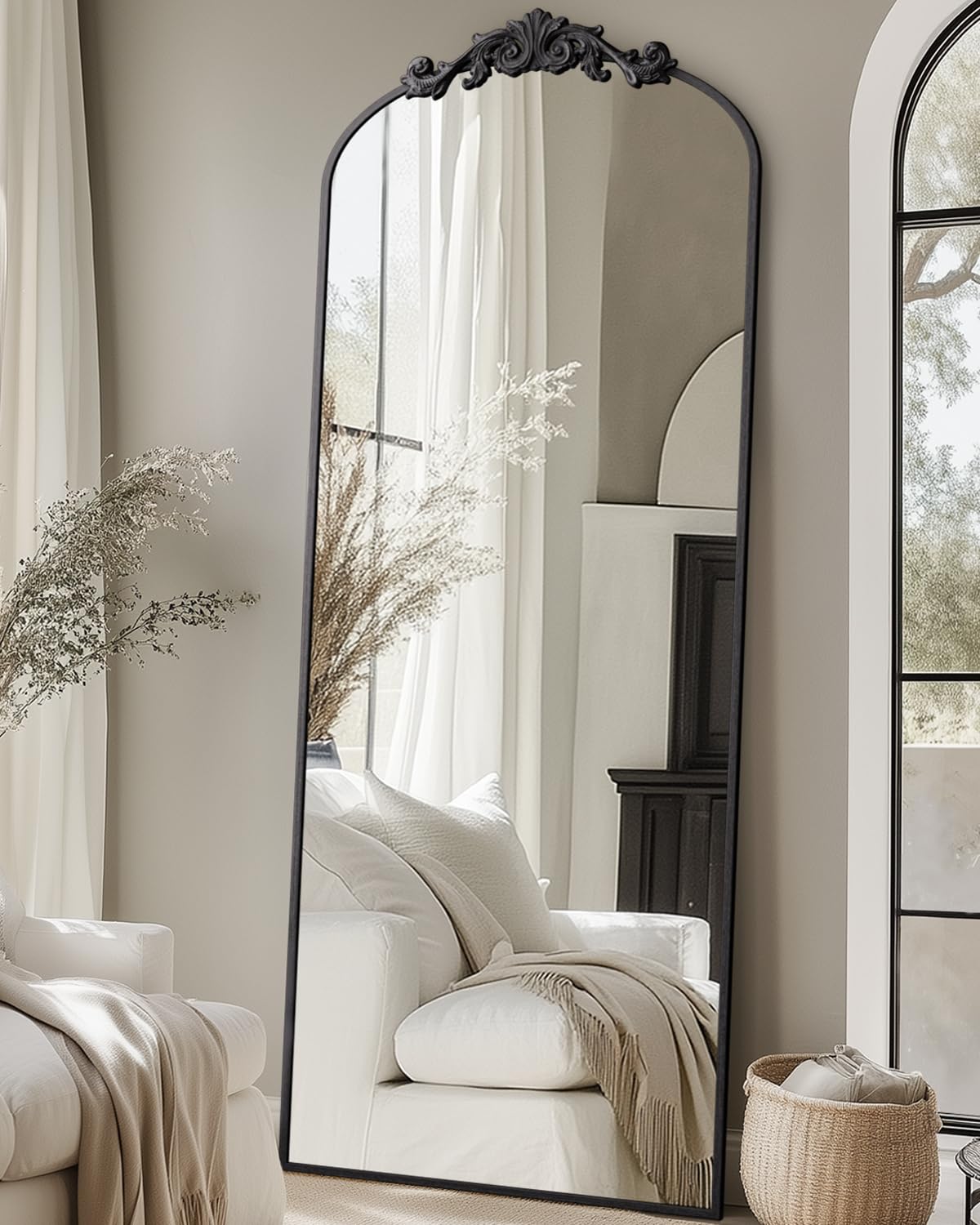 Arched freestanding full-length mirror with elegant frame, placed in a modern room setting-2
