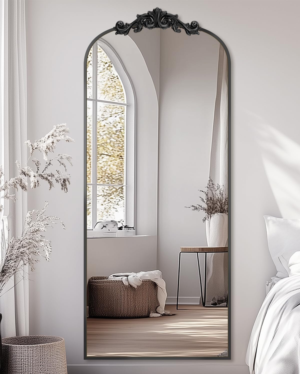 Arched freestanding full-length mirror with elegant frame, placed in a modern room setting-6