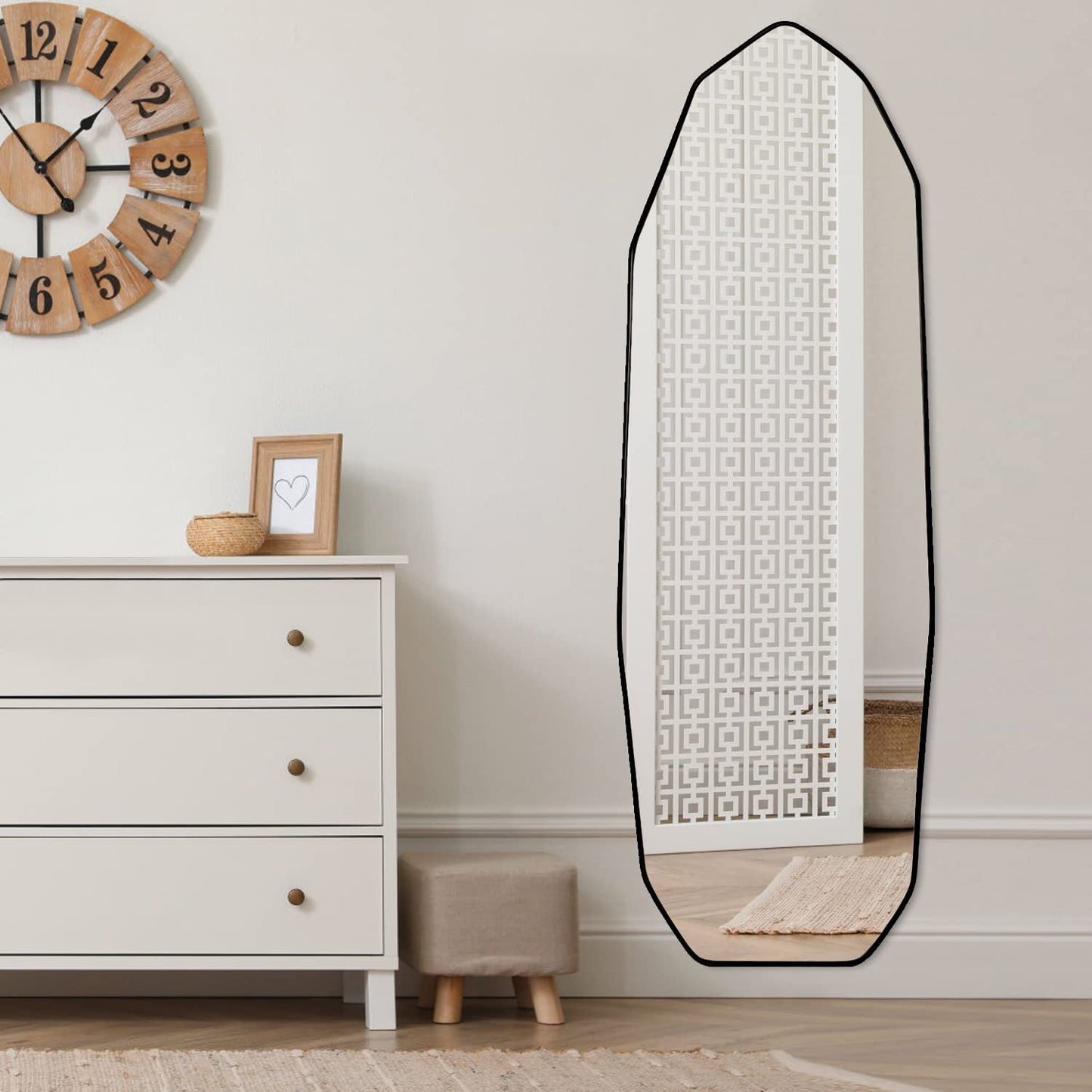 Irregular full-length mirror with sculptural frame, styled in a modern living space-3