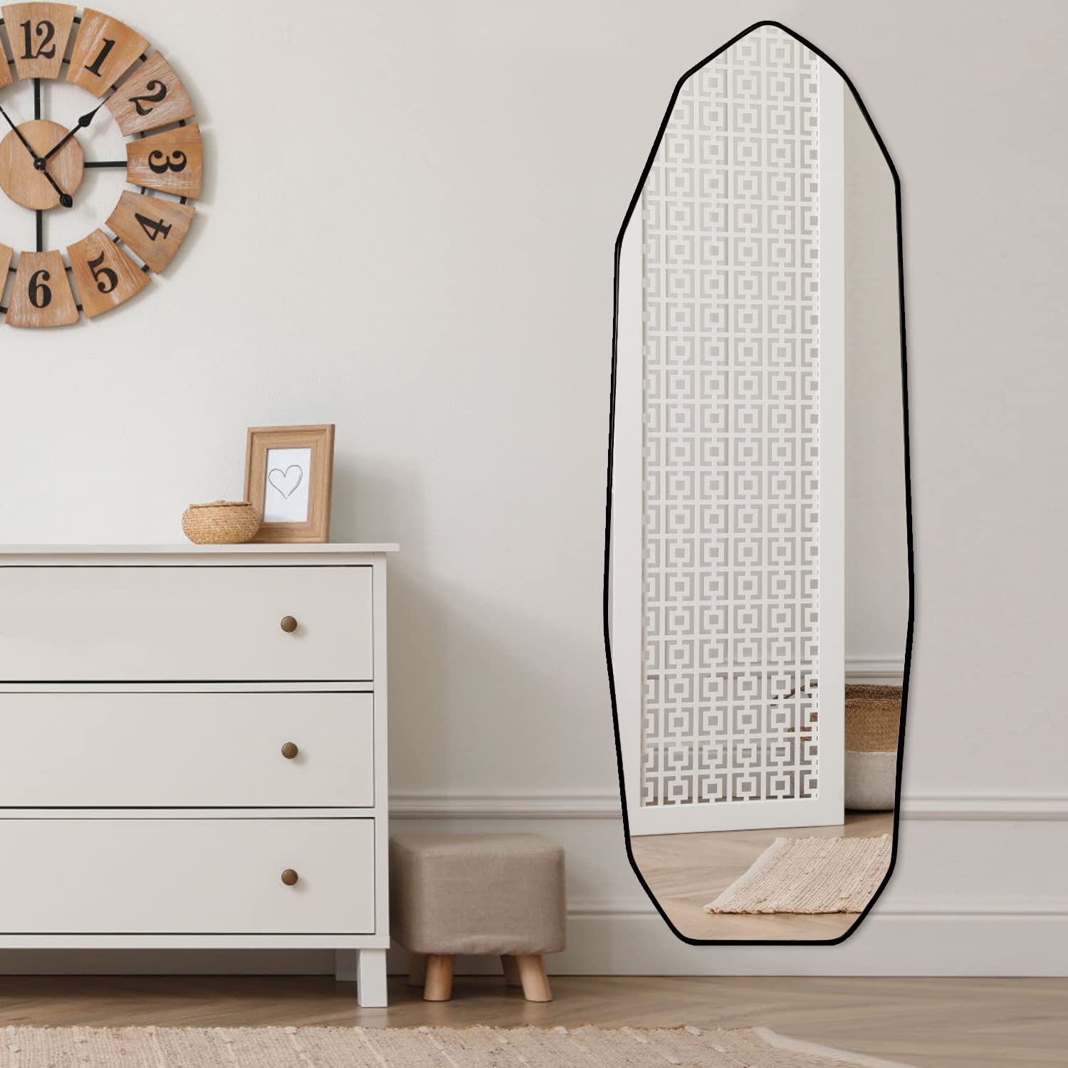 Irregular full-length mirror with sculptural frame, styled in a modern living space-3