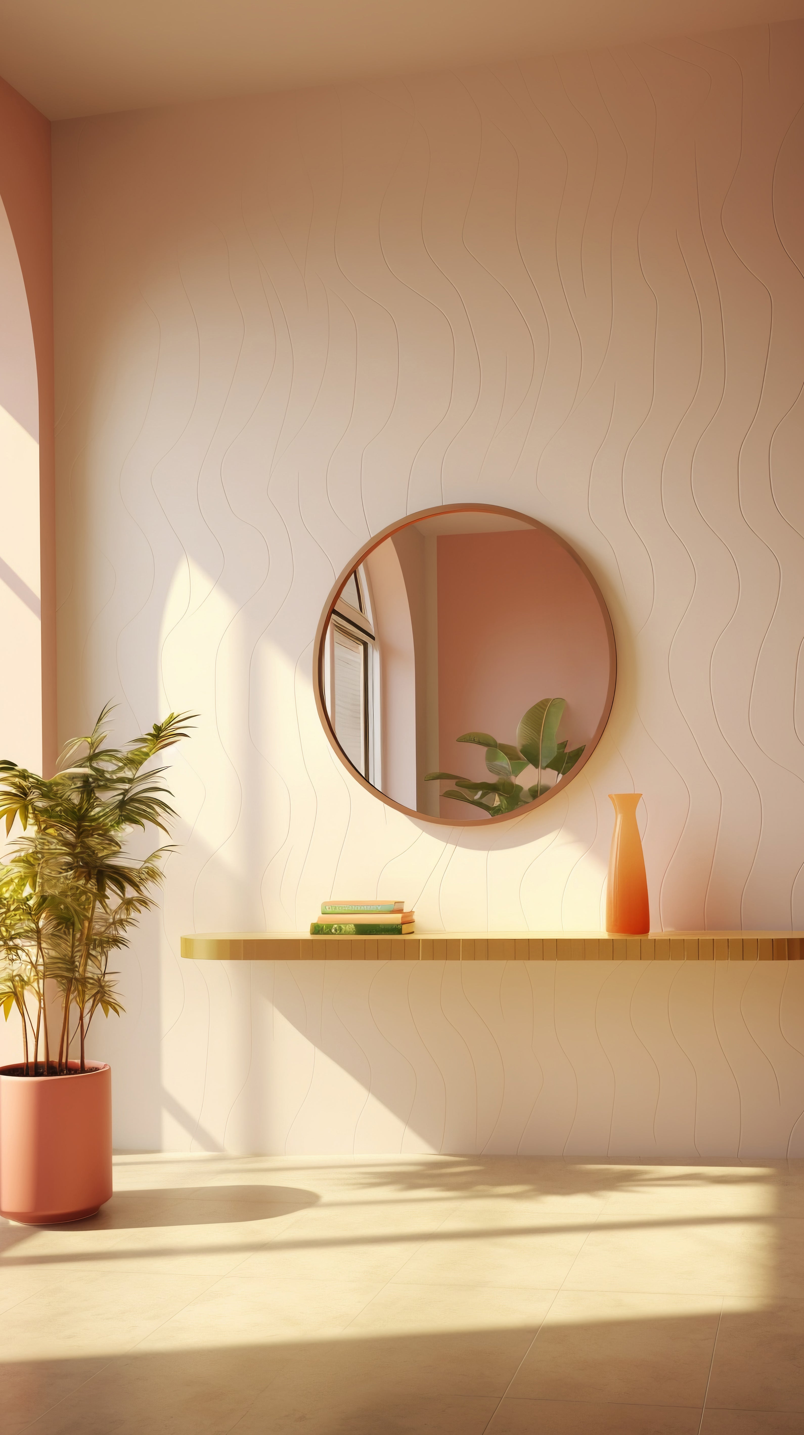 Handcrafted mirror framed in rich natural wood, styled in a minimalist setting. The design evokes warmth and elegance, capturing the essence of “Reflecting Beauty” through artisanal craftsmanship and timeless materials.